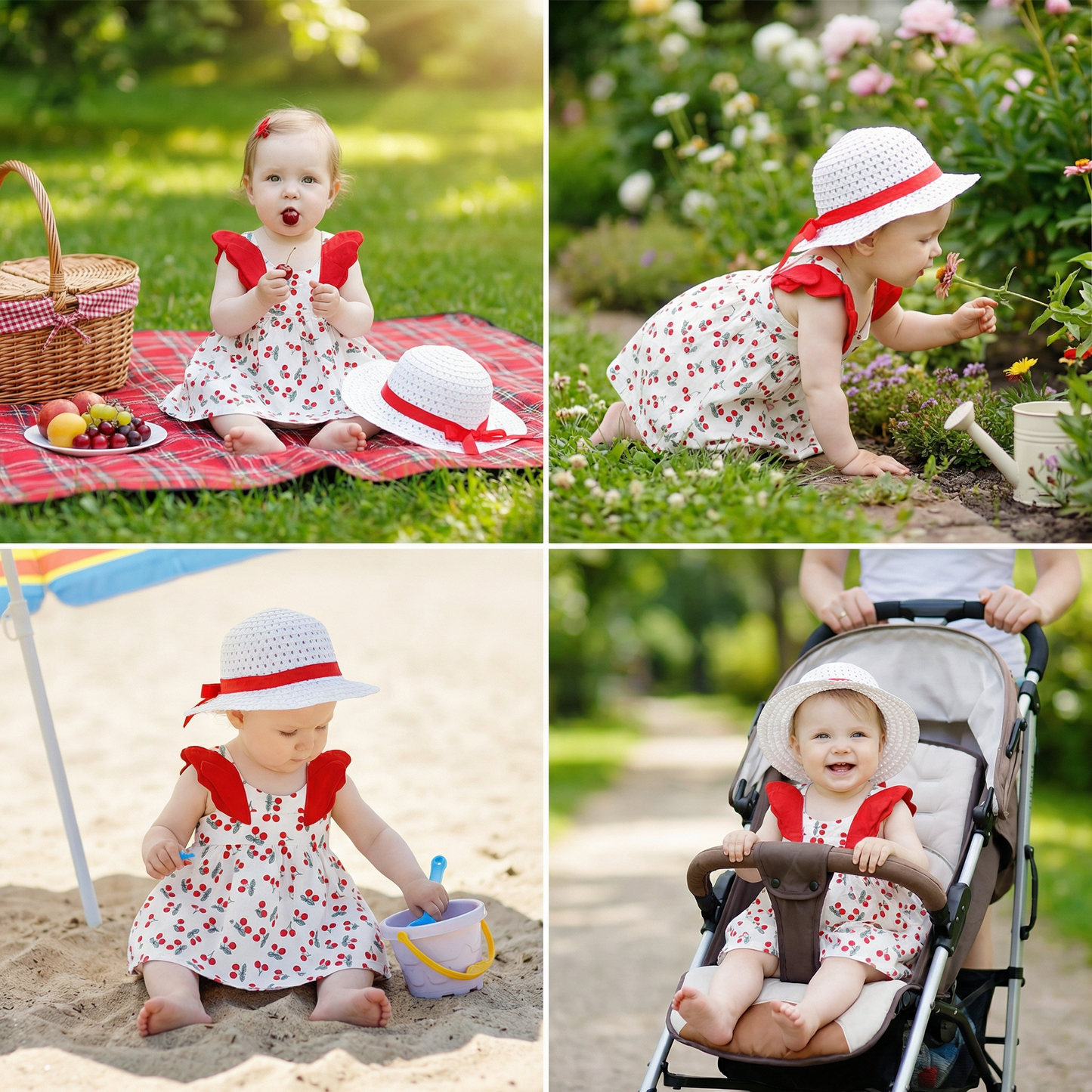 Summer 2-Piece Girls Dress Set – Cherry Print Korean Style Dress with Straw Hat