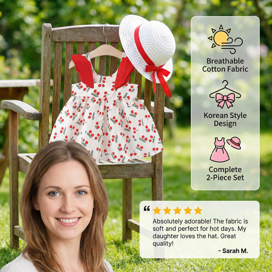 Summer 2-Piece Girls Dress Set – Cherry Print Korean Style Dress with Straw Hat