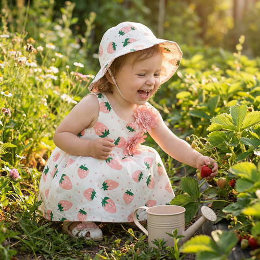Summer 2-Piece Girls Dress Set – Sleeveless Strawberry Print Dress with Matching Hat