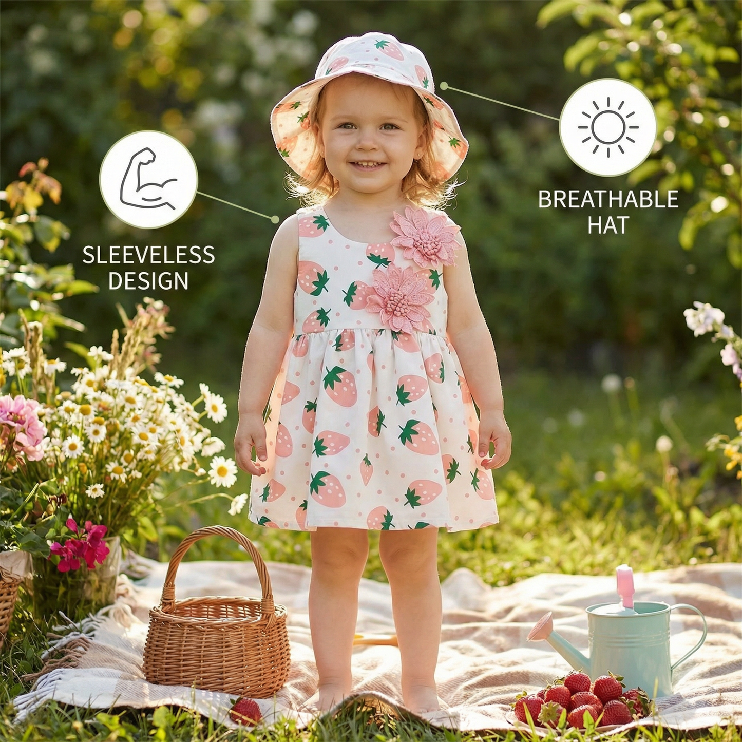 Summer 2-Piece Girls Dress Set – Sleeveless Strawberry Print Dress with Matching Hat