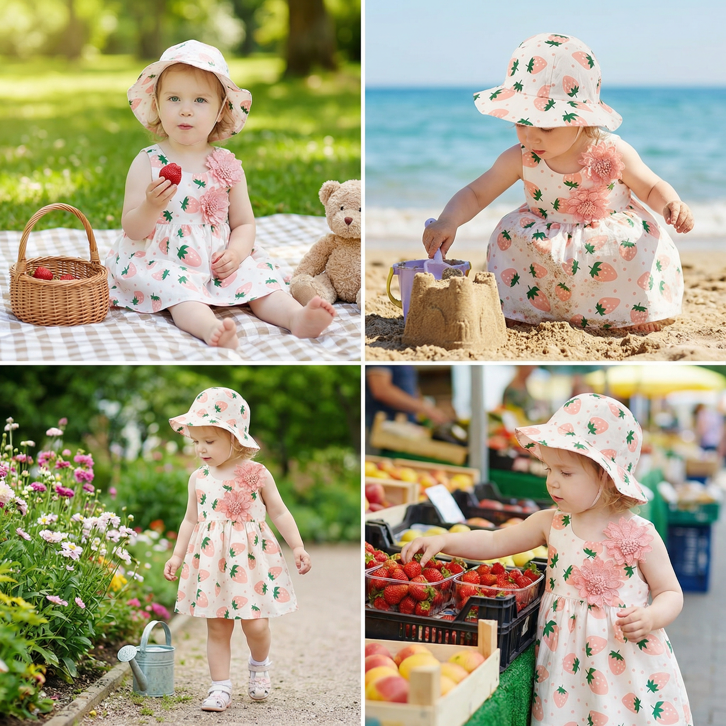 Summer 2-Piece Girls Dress Set – Sleeveless Strawberry Print Dress with Matching Hat