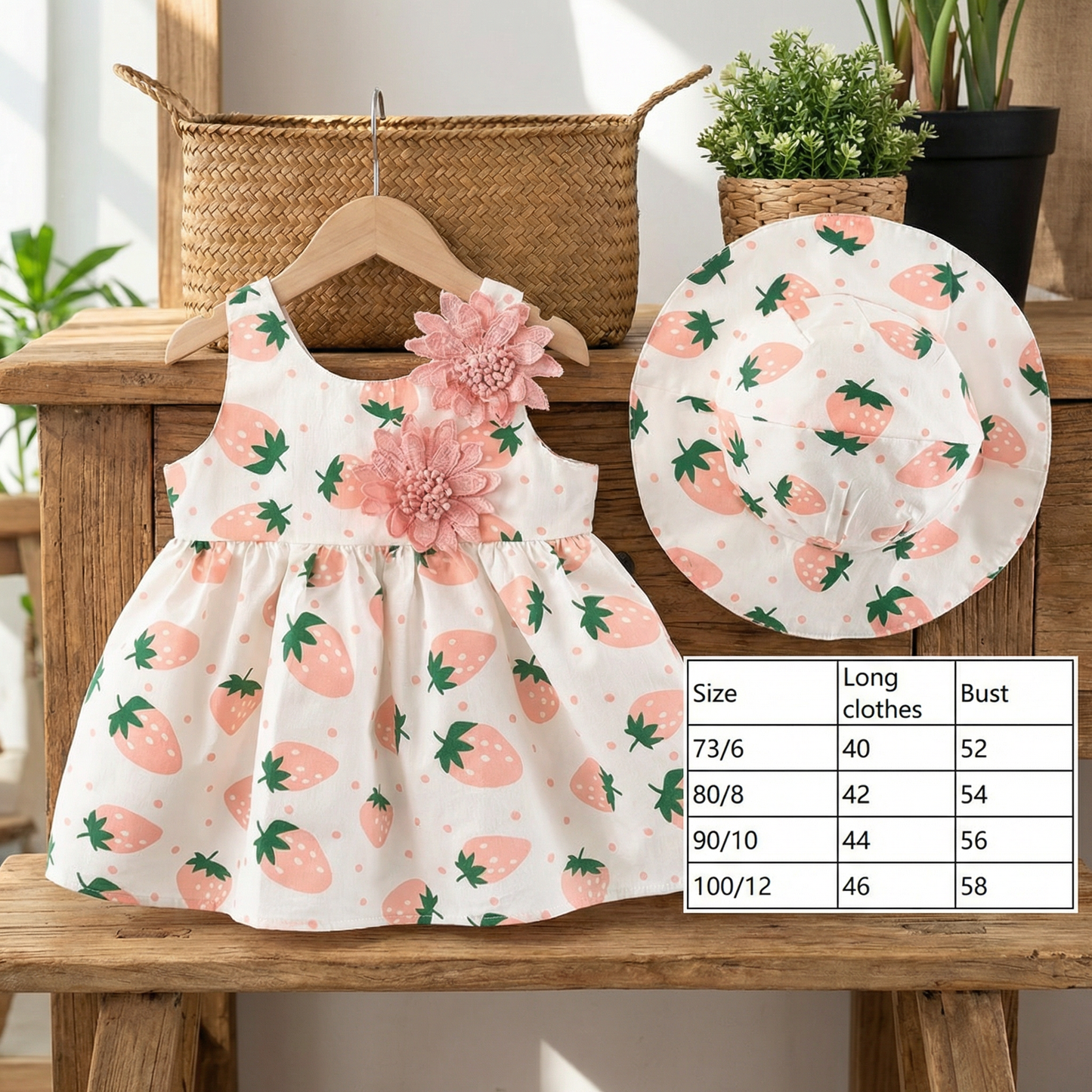 Summer 2-Piece Girls Dress Set – Sleeveless Strawberry Print Dress with Matching Hat
