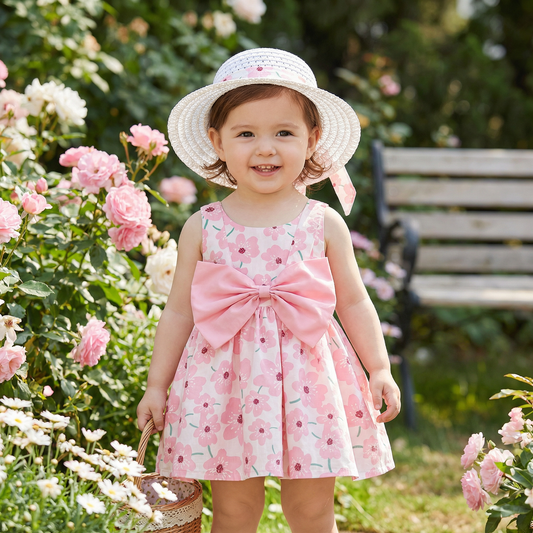 Korean Style 2-Piece Girls Dress Set – Floral Bow Strap Dress with Matching Hat
