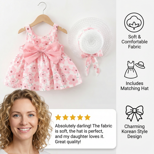 Korean Style 2-Piece Girls Dress Set – Floral Bow Strap Dress with Matching Hat