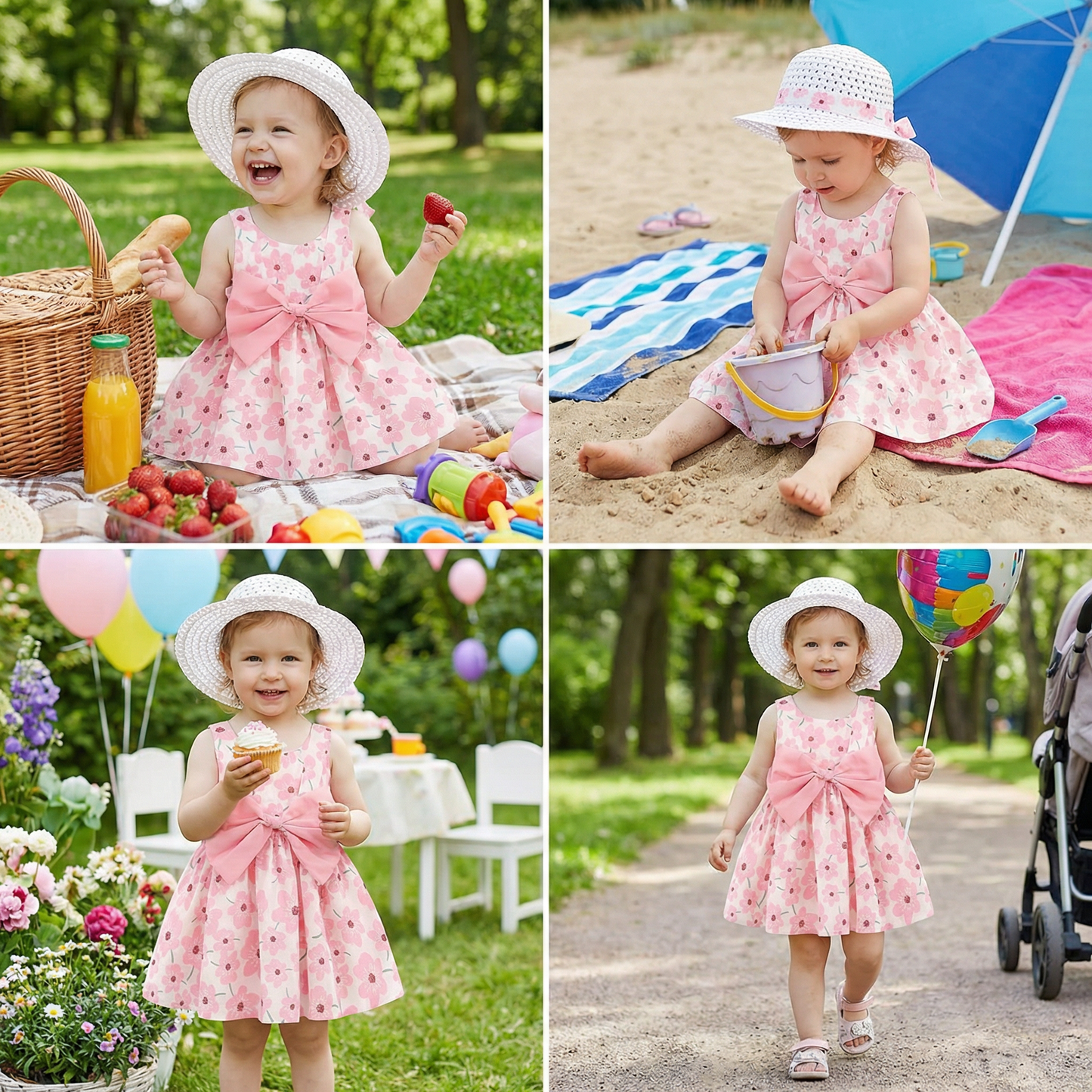 Korean Style 2-Piece Girls Dress Set – Floral Bow Strap Dress with Matching Hat