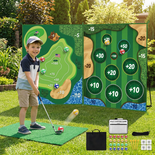 2in1 Golf Training & Play Set – Indoor & Outdoor Swing Mat with Target Wall & Club