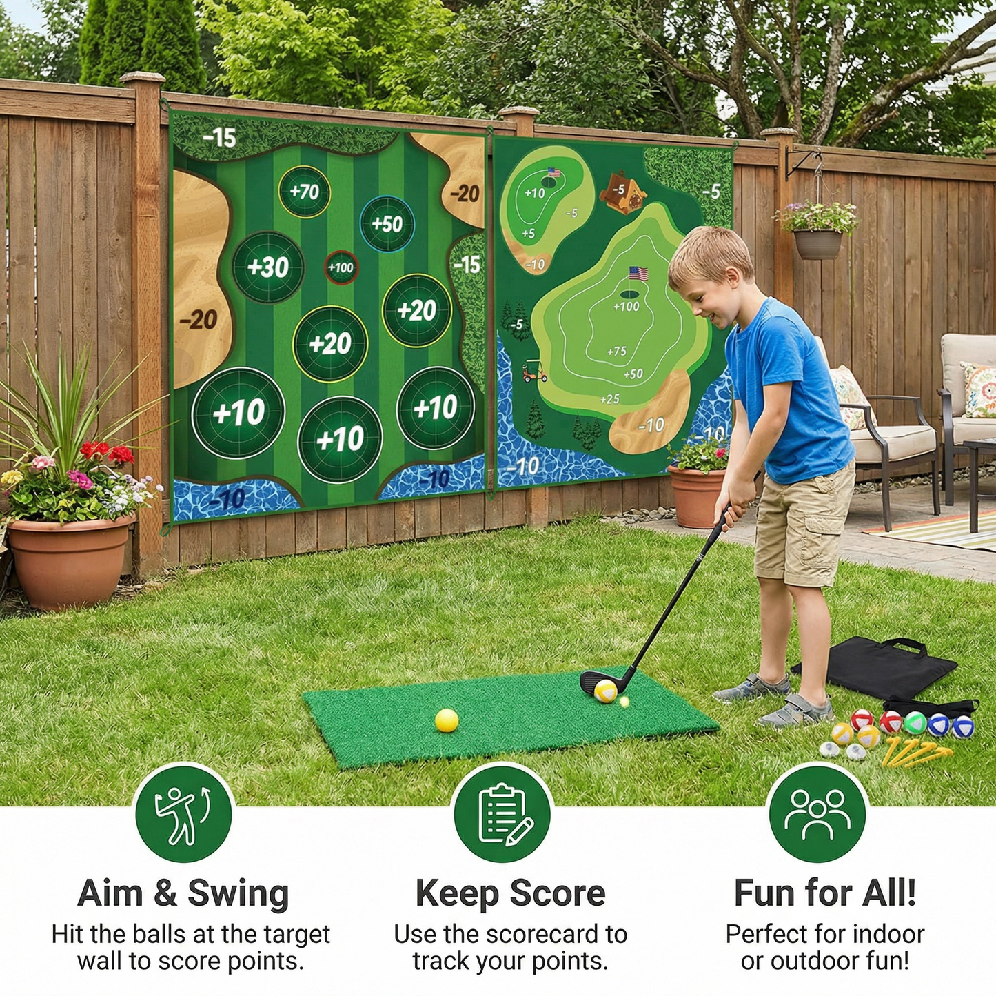 2in1 Golf Training & Play Set – Indoor & Outdoor Swing Mat with Target Wall & Club