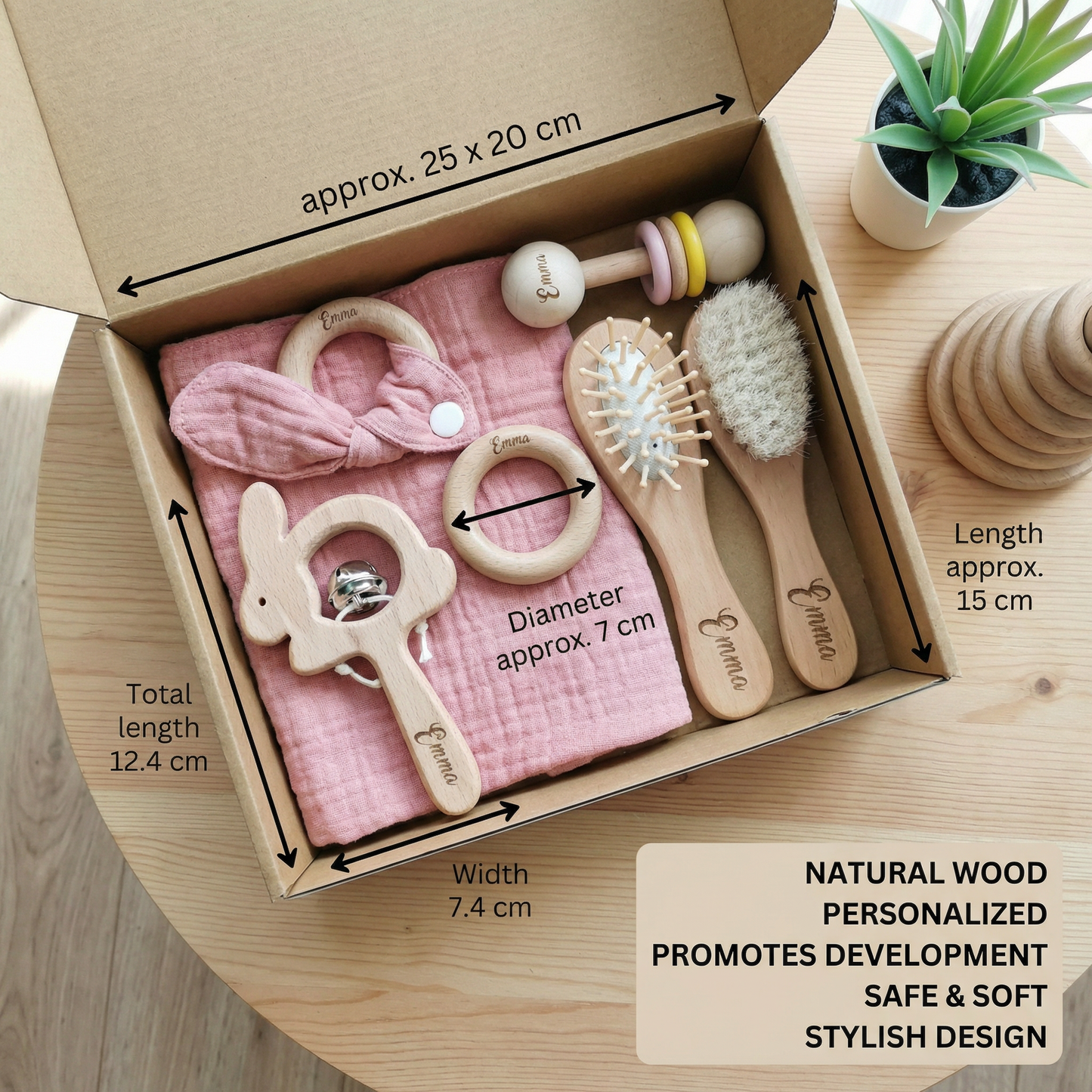Personalized 6-Piece Baby Gift Set in Wood & Muslin – Teethers, Rattles, Hairbrush & Comfort Blanket with Name Engraving