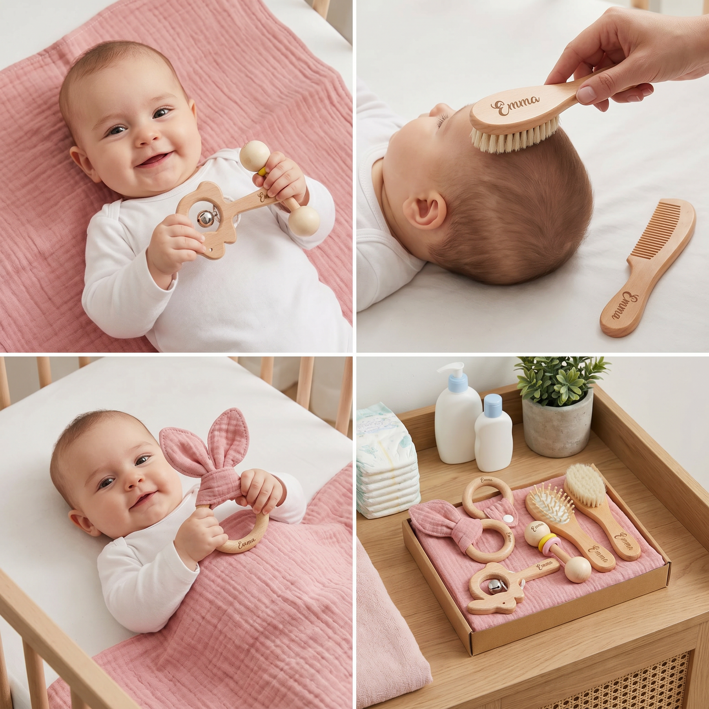 Personalized 6-Piece Baby Gift Set in Wood & Muslin – Teethers, Rattles, Hairbrush & Comfort Blanket with Name Engraving