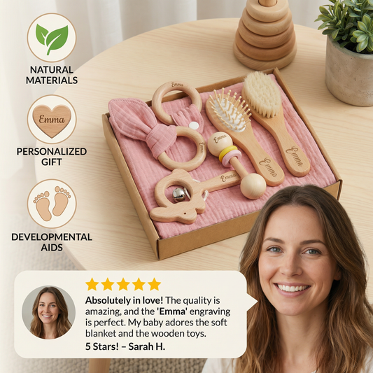 Personalized 6-Piece Baby Gift Set in Wood & Muslin – Teethers, Rattles, Hairbrush & Comfort Blanket with Name Engraving
