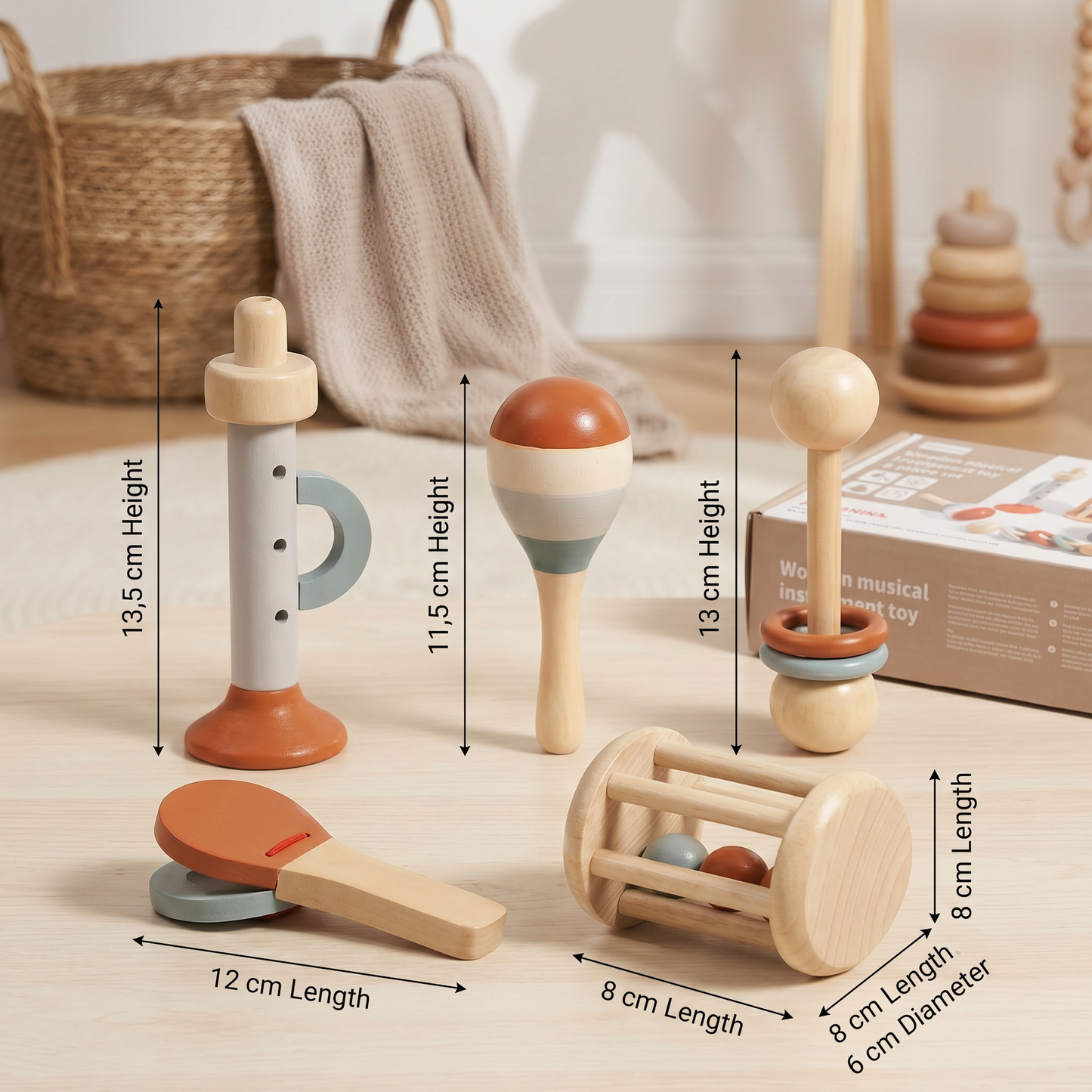 Montessori Wooden Baby Music Set – 5-Piece Sensory Rattle Toy Collection
