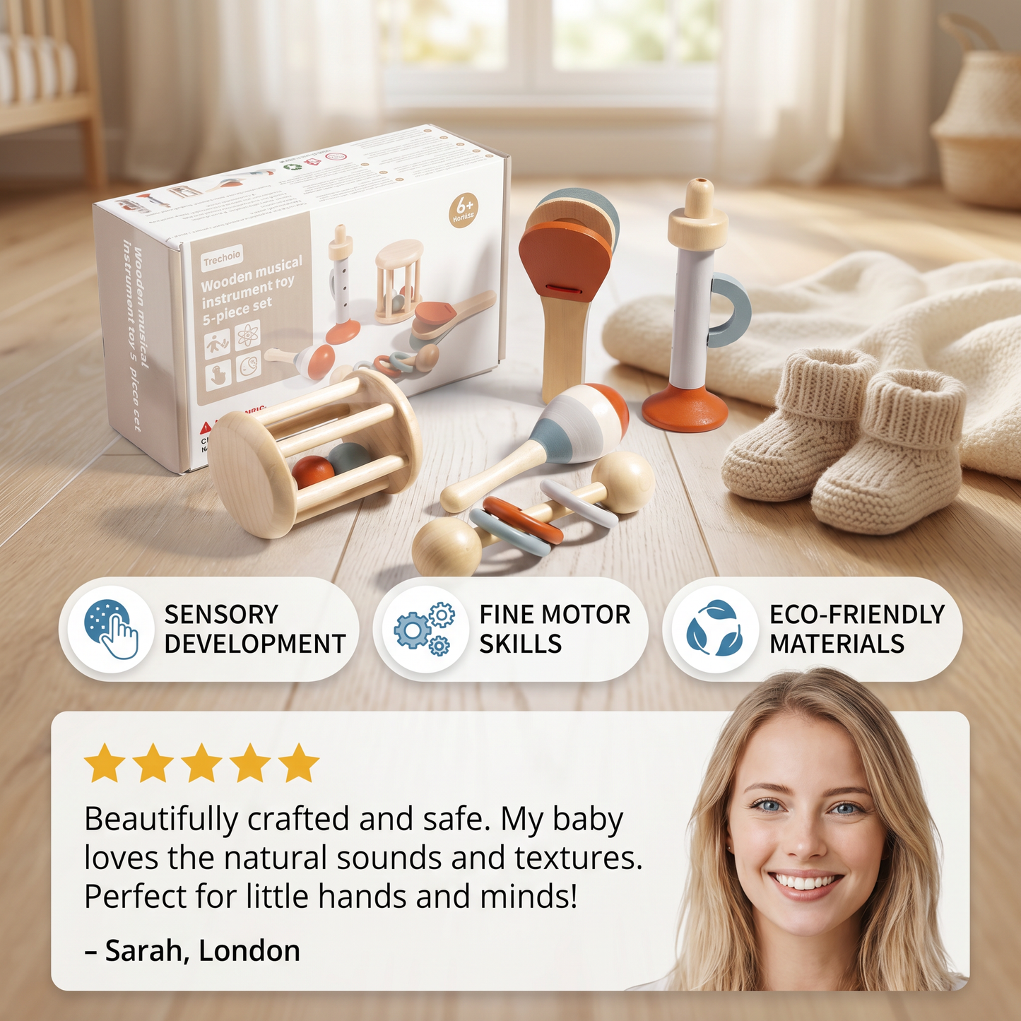 Montessori Wooden Baby Music Set – 5-Piece Sensory Rattle Toy Collection
