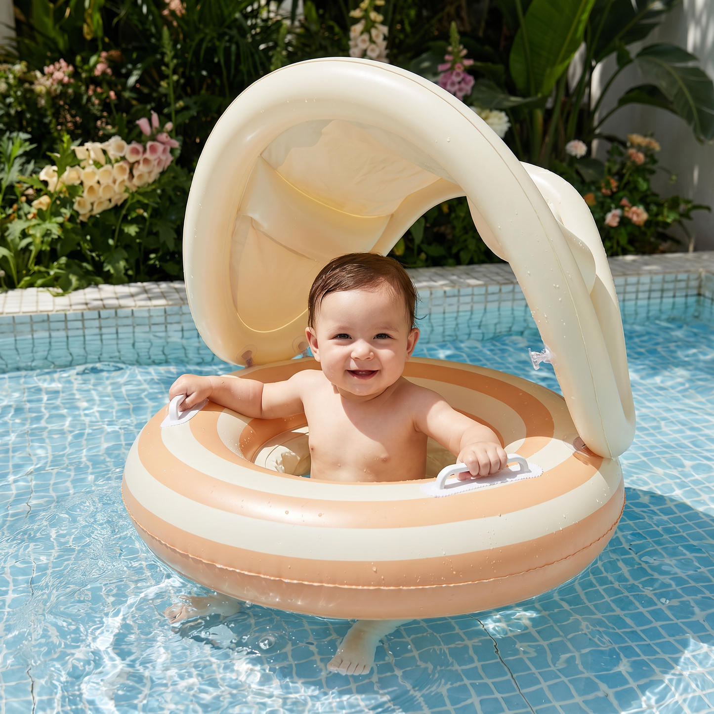Inflatable Retro Lollipop Baby Swim Ring with Removable Sun Canopy – Secure Seat for 6–36 Months