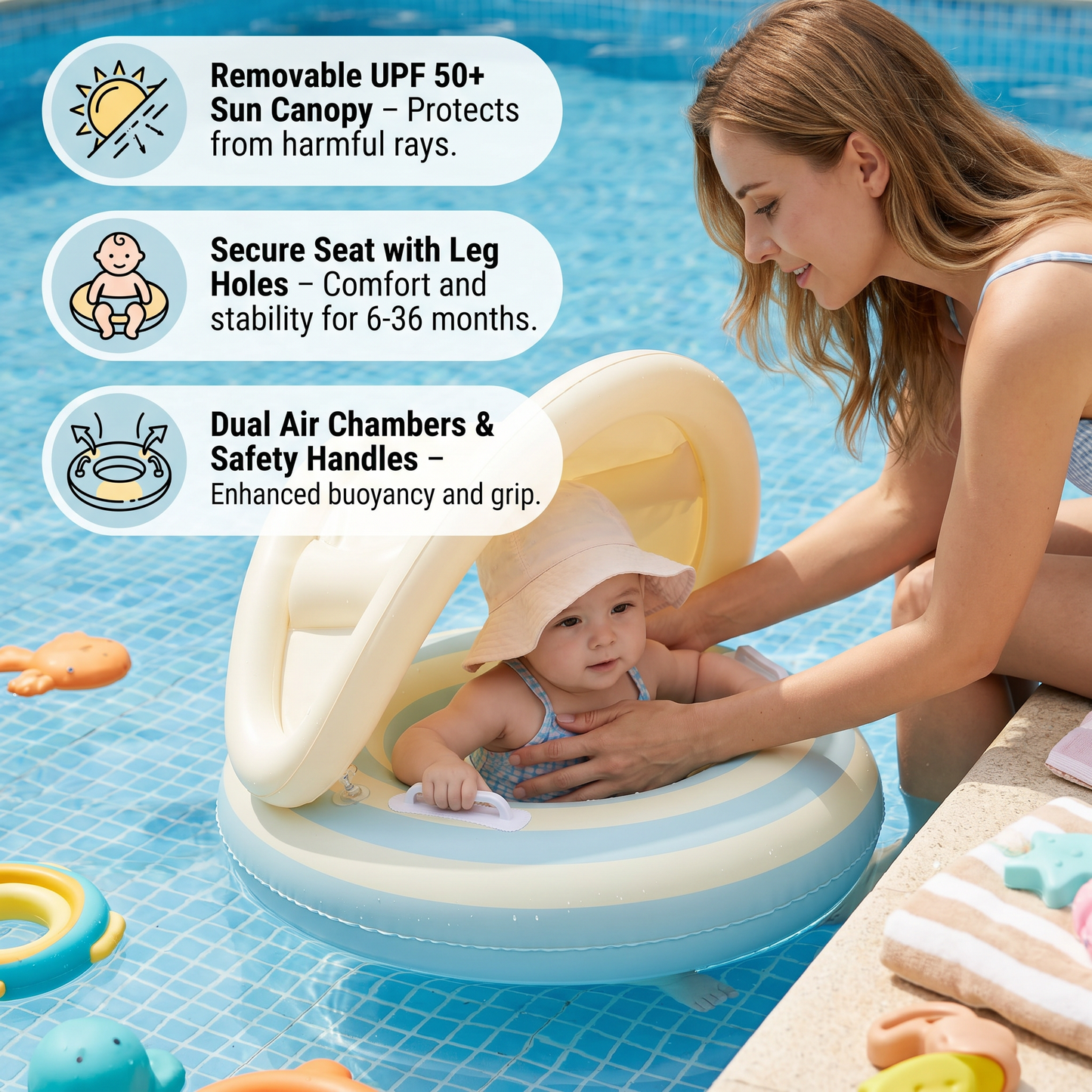 Inflatable Retro Lollipop Baby Swim Ring with Removable Sun Canopy – Secure Seat for 6–36 Months