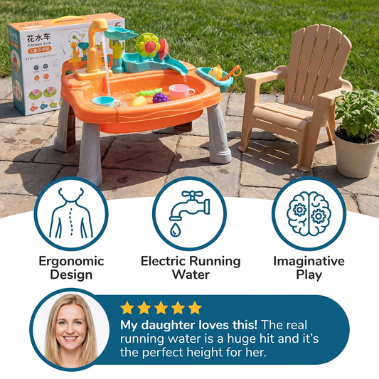 Ergonomic Elevated Kids Kitchen Sink Playset with Electric Running Water