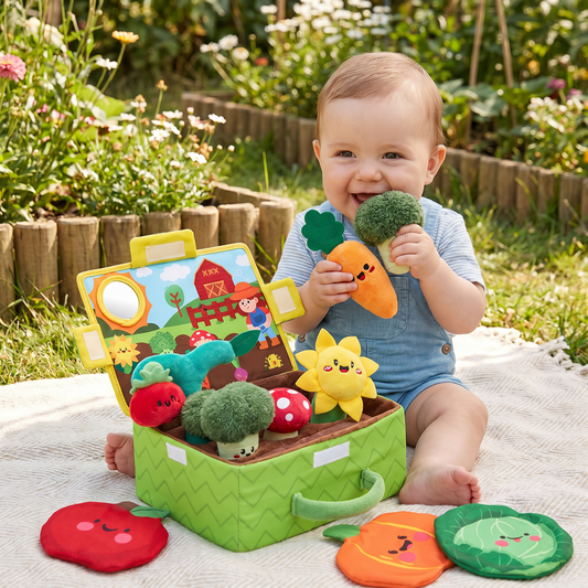 Montessori Garden Sensory Toy for Babies – Plush Fruit & Vegetable Set with Rattle, Mirror & Squeaker