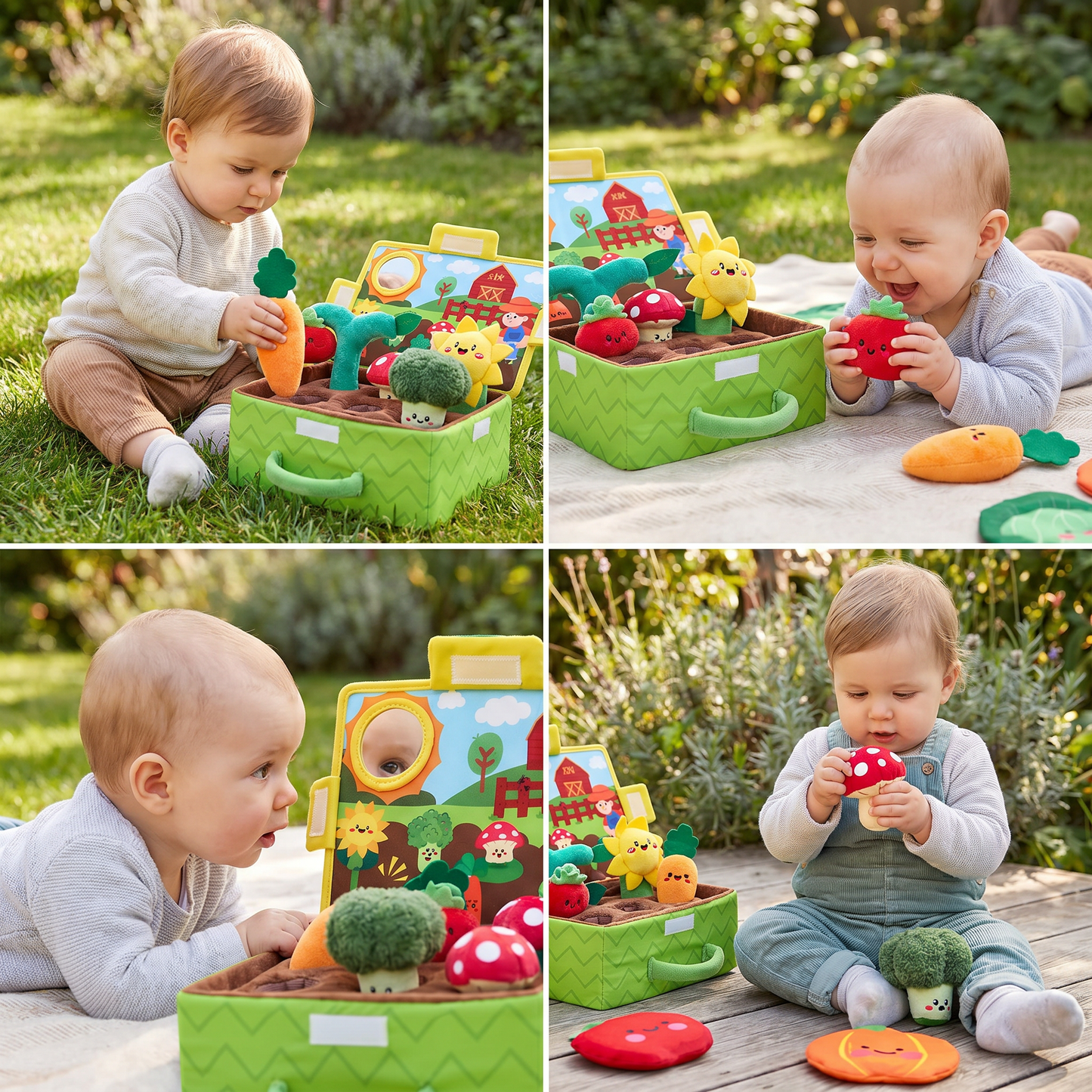 Montessori Garden Sensory Toy for Babies – Plush Fruit & Vegetable Set with Rattle, Mirror & Squeaker