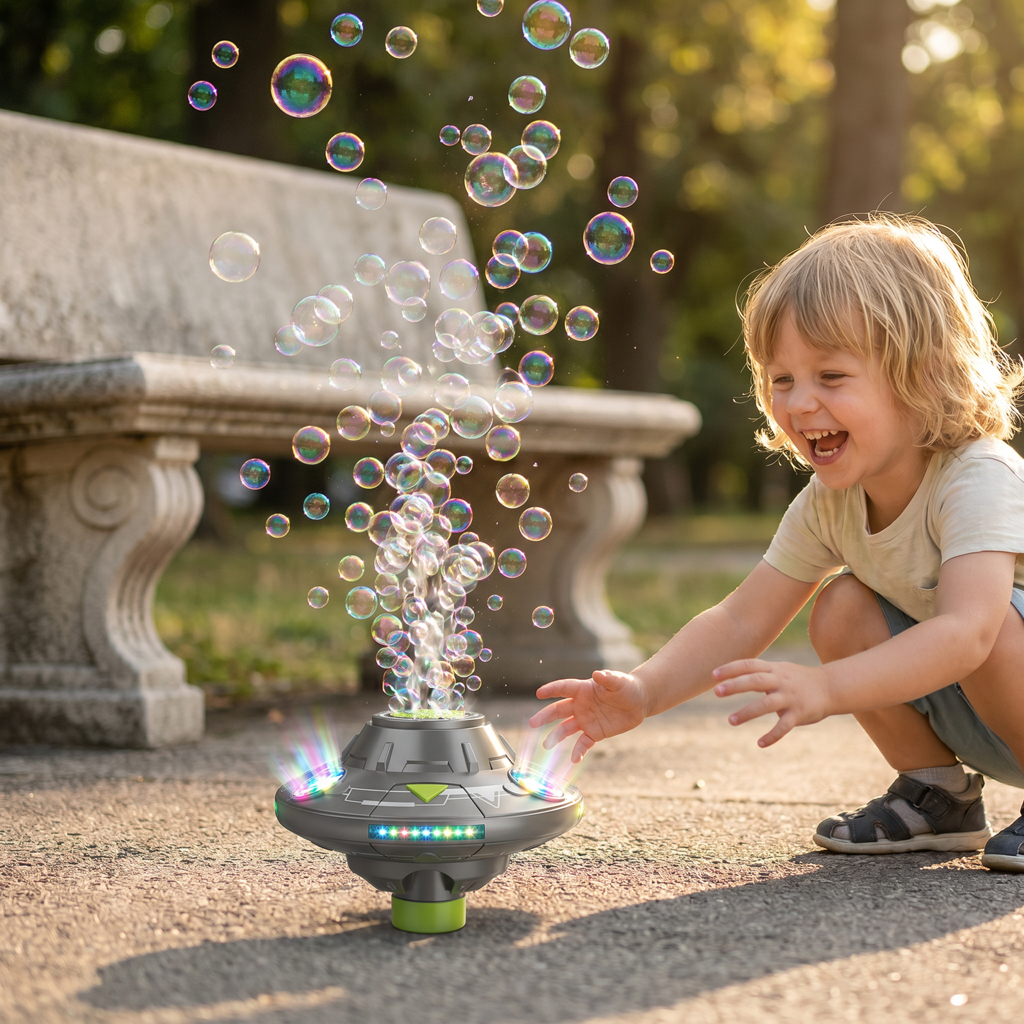 Light-Up UFO Bubble Machine for Kids – Rechargeable Spinning Bubble Blaster with LED Effects