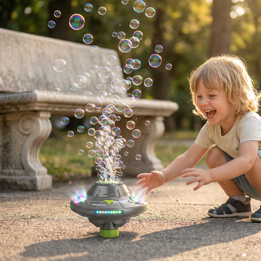 Light-Up UFO Bubble Machine for Kids – Rechargeable Spinning Bubble Blaster with LED Effects