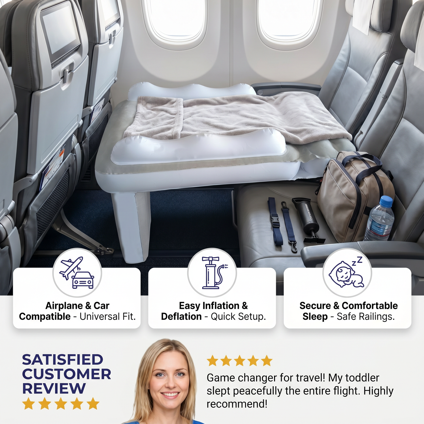 Inflatable Toddler Travel Bed with Seat Extender for Plane and Car