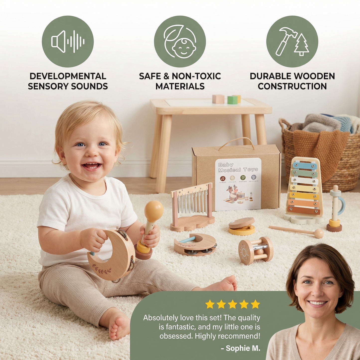 6-Piece Wooden Baby Musical Instrument Set – Sensory Sound & Music Toy