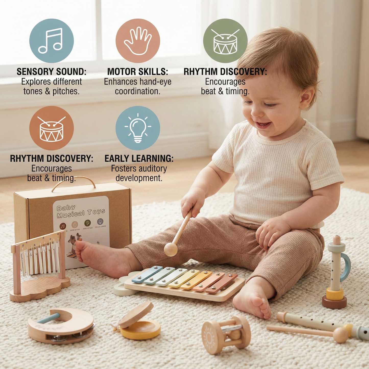 6-Piece Wooden Baby Musical Instrument Set – Sensory Sound & Music Toy