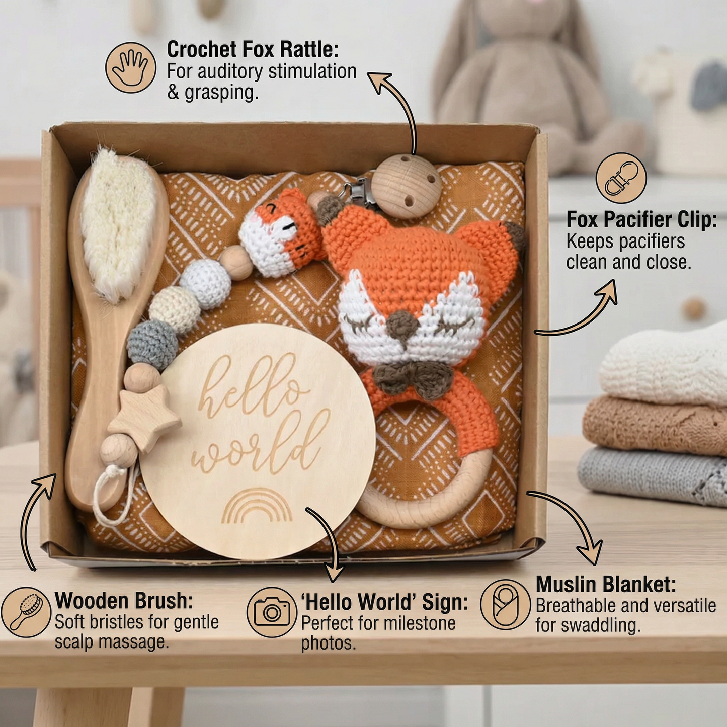 Newborn Gift Box – Crochet Animal Rattle, Wooden Toy, Muslin Blanket & Pacifier Clip