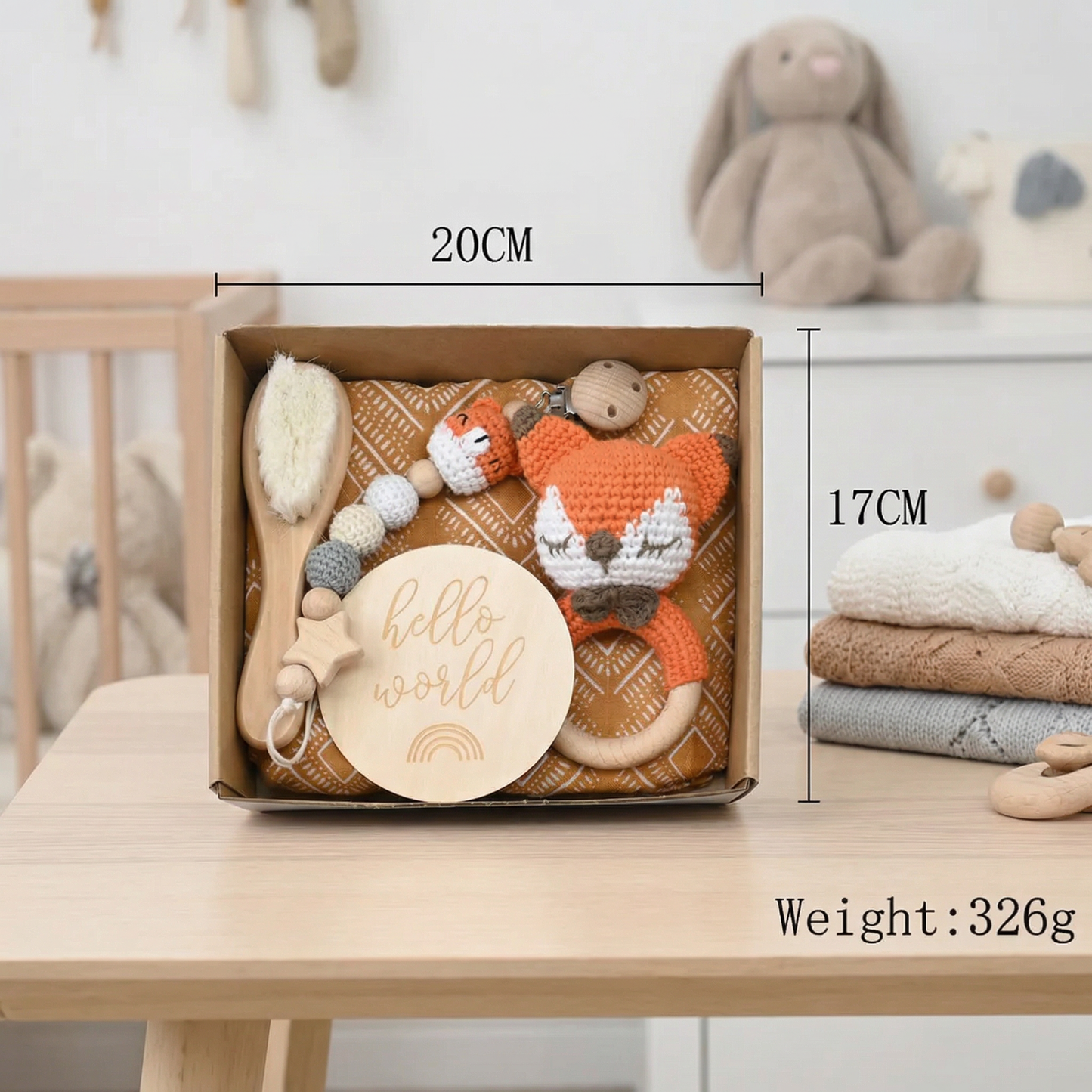Newborn Gift Box – Crochet Animal Rattle, Wooden Toy, Muslin Blanket & Pacifier Clip