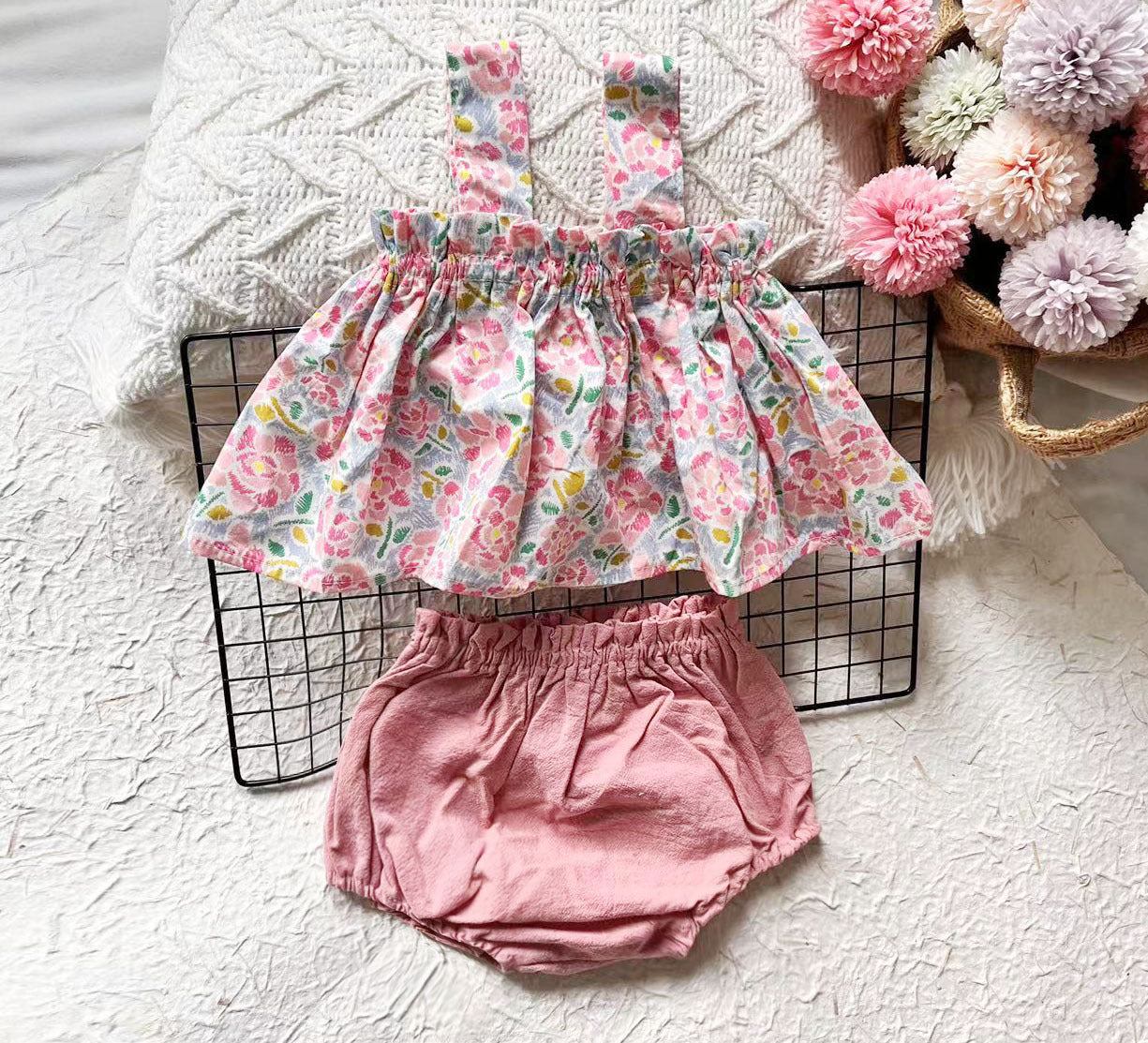 Summer 2-Piece Baby Girl Outfit – Plaid Strap Dress with Matching Bloomers