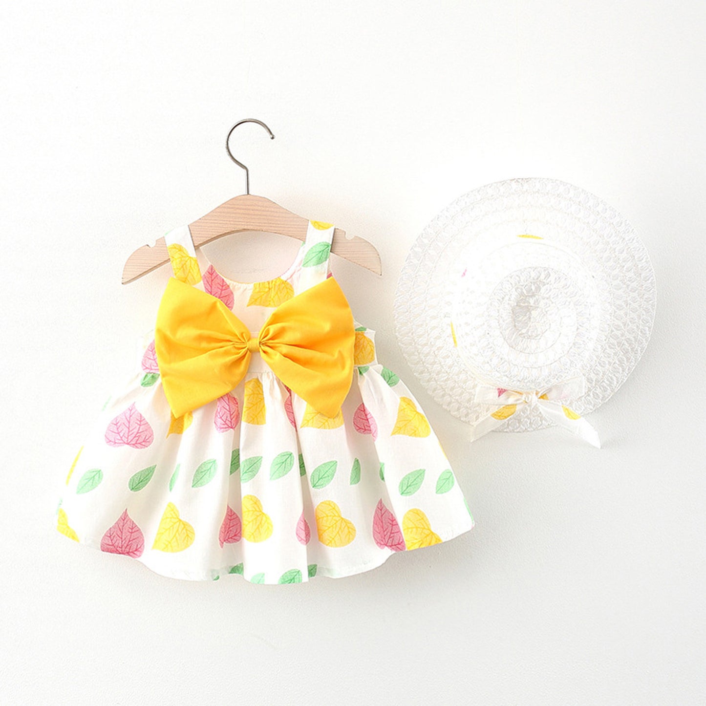 Korean Style 2-Piece Girls Dress Set – Floral Bow Strap Dress with Matching Hat