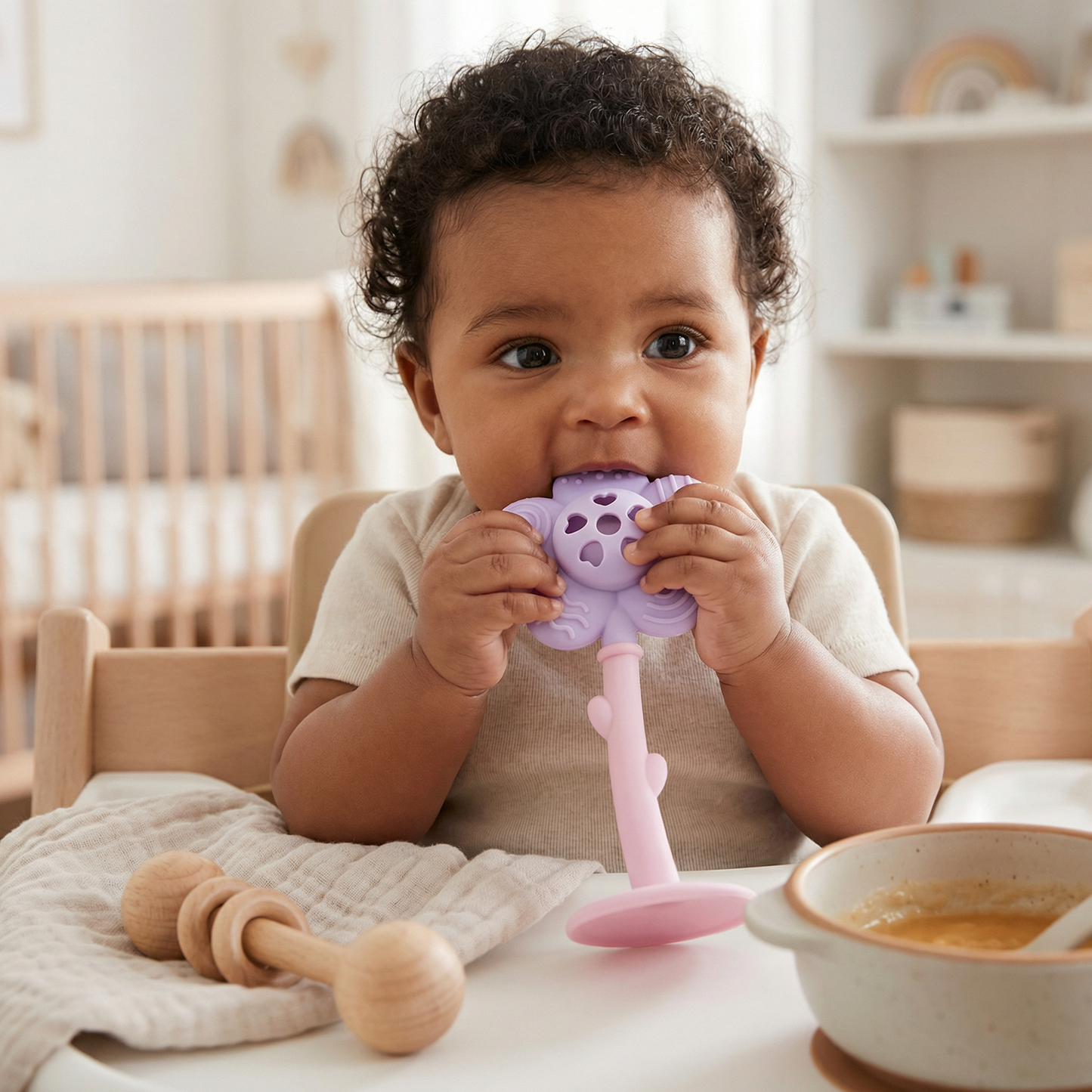Flower Silicone Teether & Rattle – Gentle BPA-Free Teething Toy for Babies