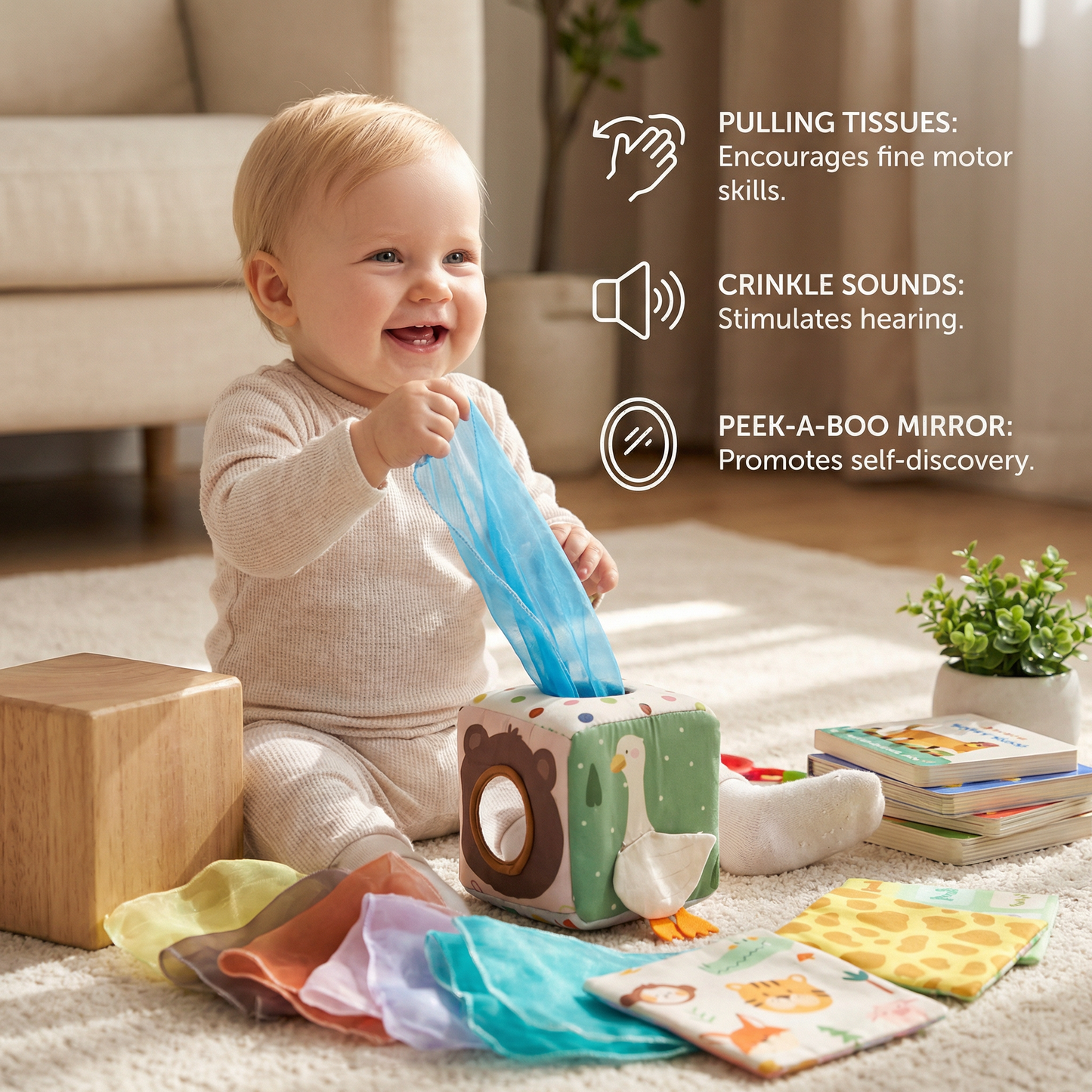 Montessori Baby Sensory Tissue Box – Soft Crinkle & Touch Activity Toy