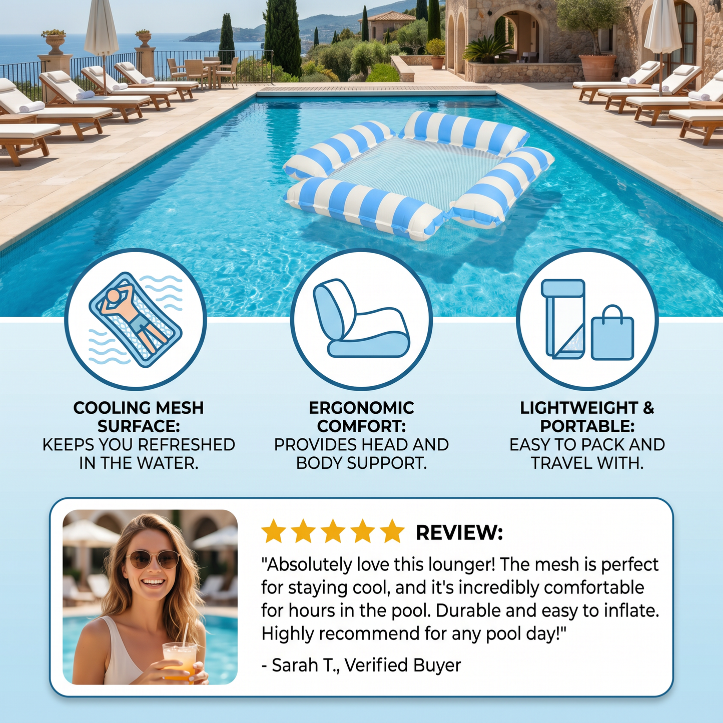 Inflatable water mat with mesh surface – comfortable pool and sun lounger