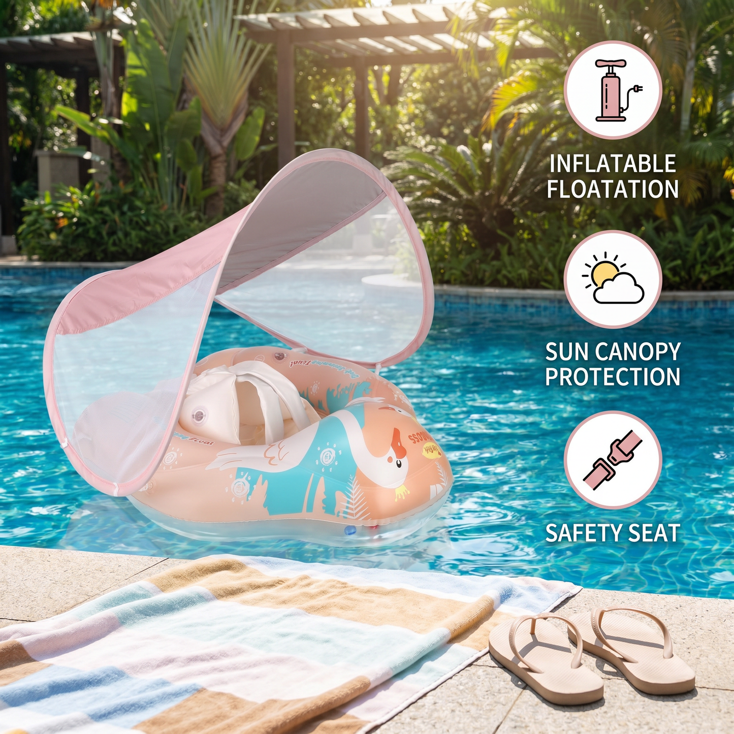 Swan Baby Swim Ring with Sun Canopy – Inflatable Safety Float Seat for Babies