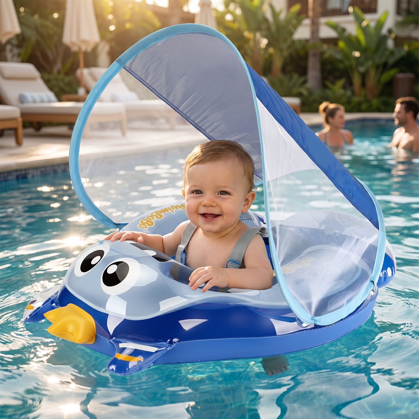 Inflatable Baby Swim Ring with Shoulder Straps & Sun Canopy – Safe Pool Seat for Babies