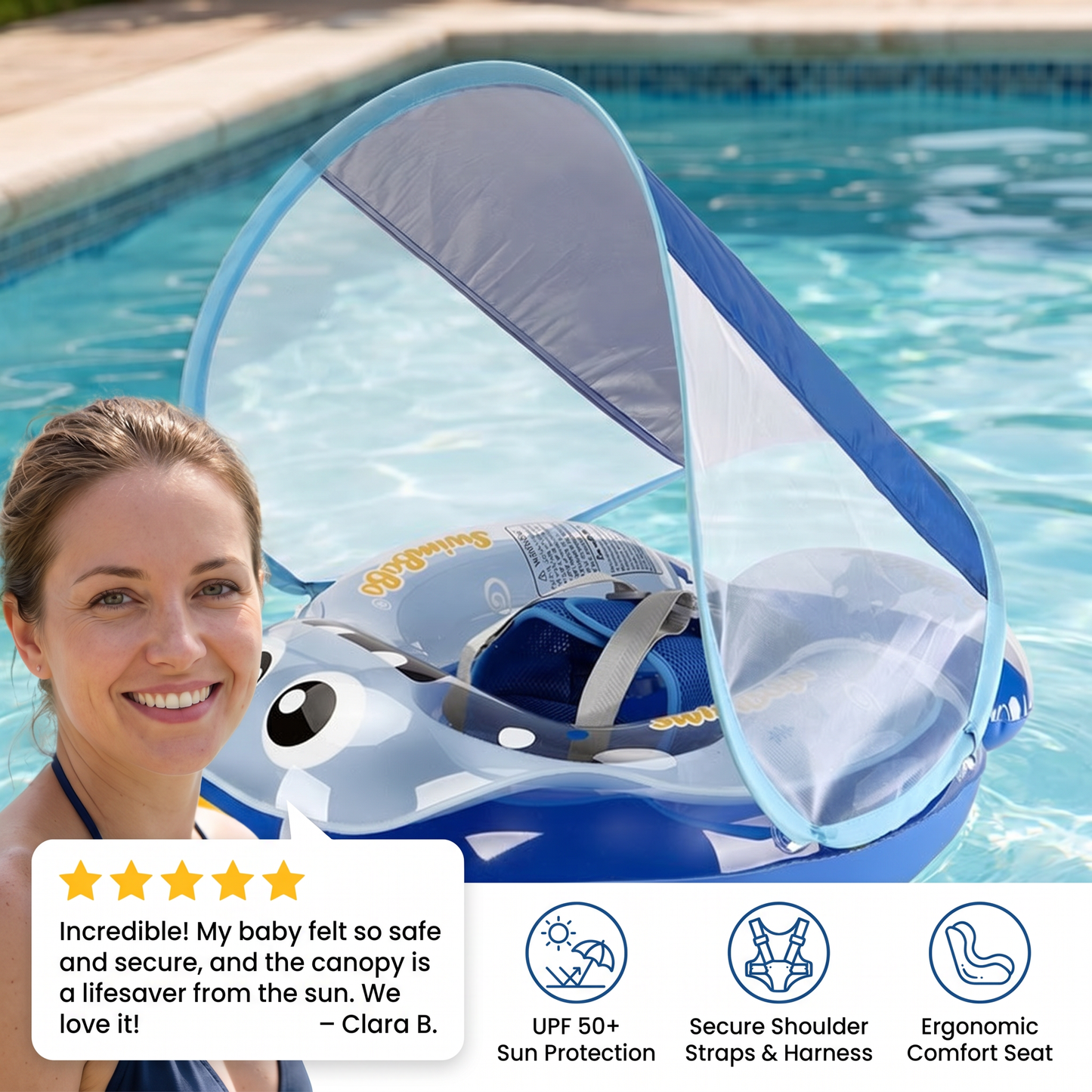 Inflatable Baby Swim Ring with Shoulder Straps & Sun Canopy – Safe Pool Seat for Babies