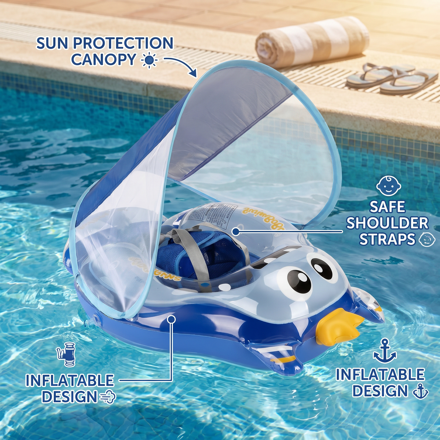 Inflatable Baby Swim Ring with Shoulder Straps & Sun Canopy – Safe Pool Seat for Babies