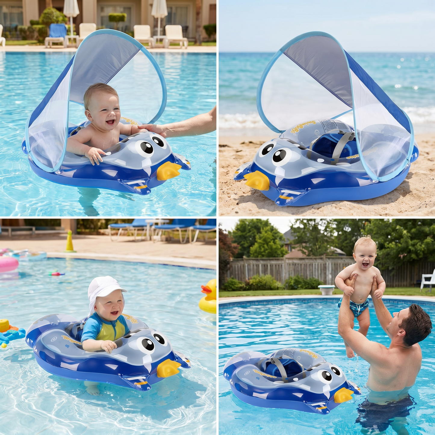 Inflatable Baby Swim Ring with Shoulder Straps & Sun Canopy – Safe Pool Seat for Babies