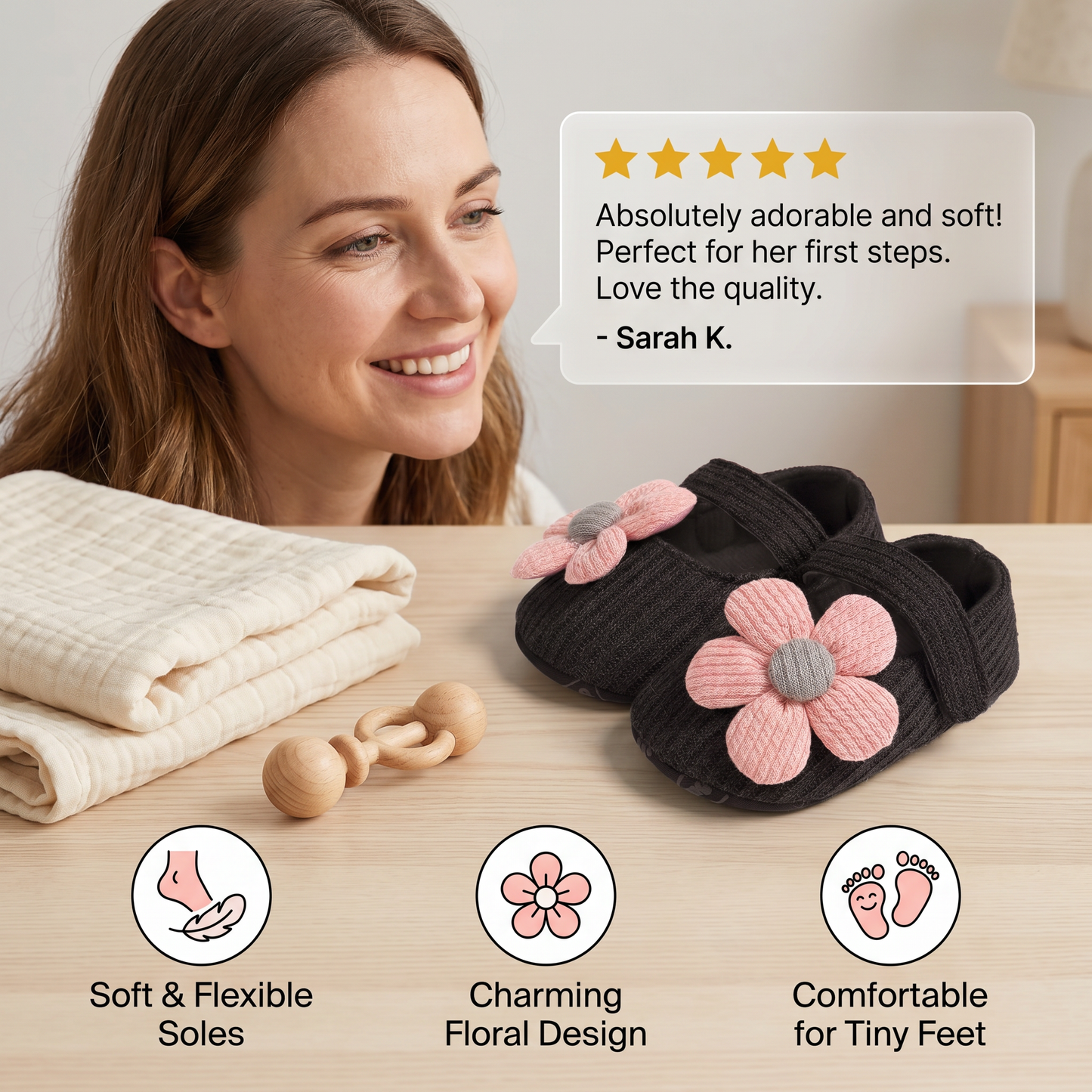 Summer baby shoes with soft soles in a floral design
