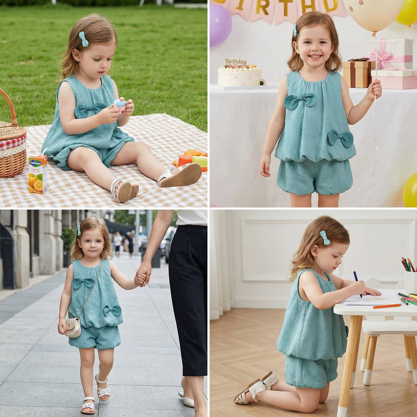 Trendy Girls’ 2-Piece Outfit – Green Set with Bow Details