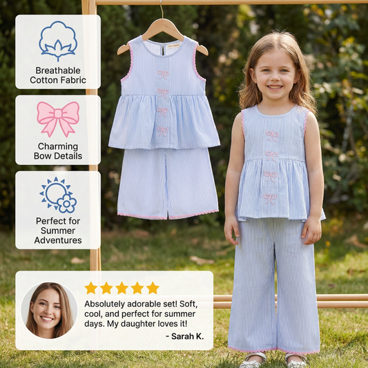 Girls’ Summer 2-Piece Outfit – Striped Set with Bow Embroidery