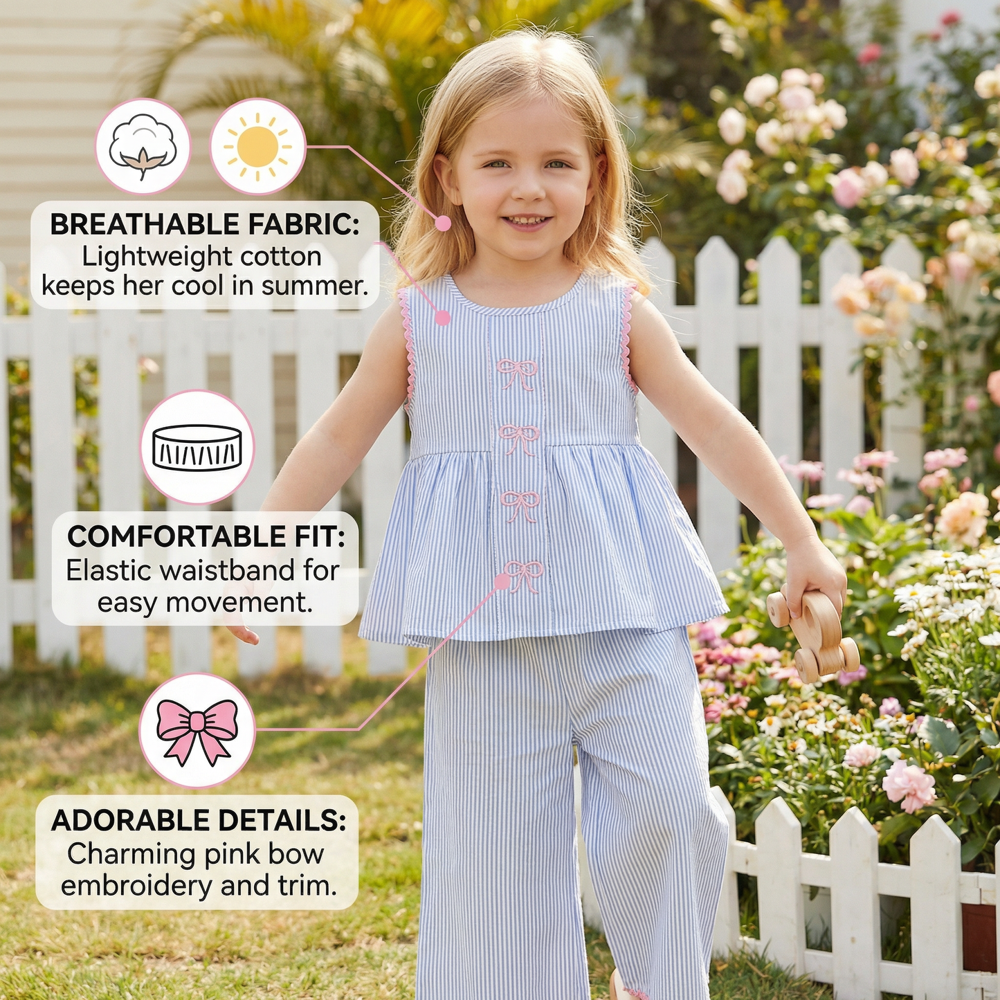 Girls’ Summer 2-Piece Outfit – Striped Set with Bow Embroidery