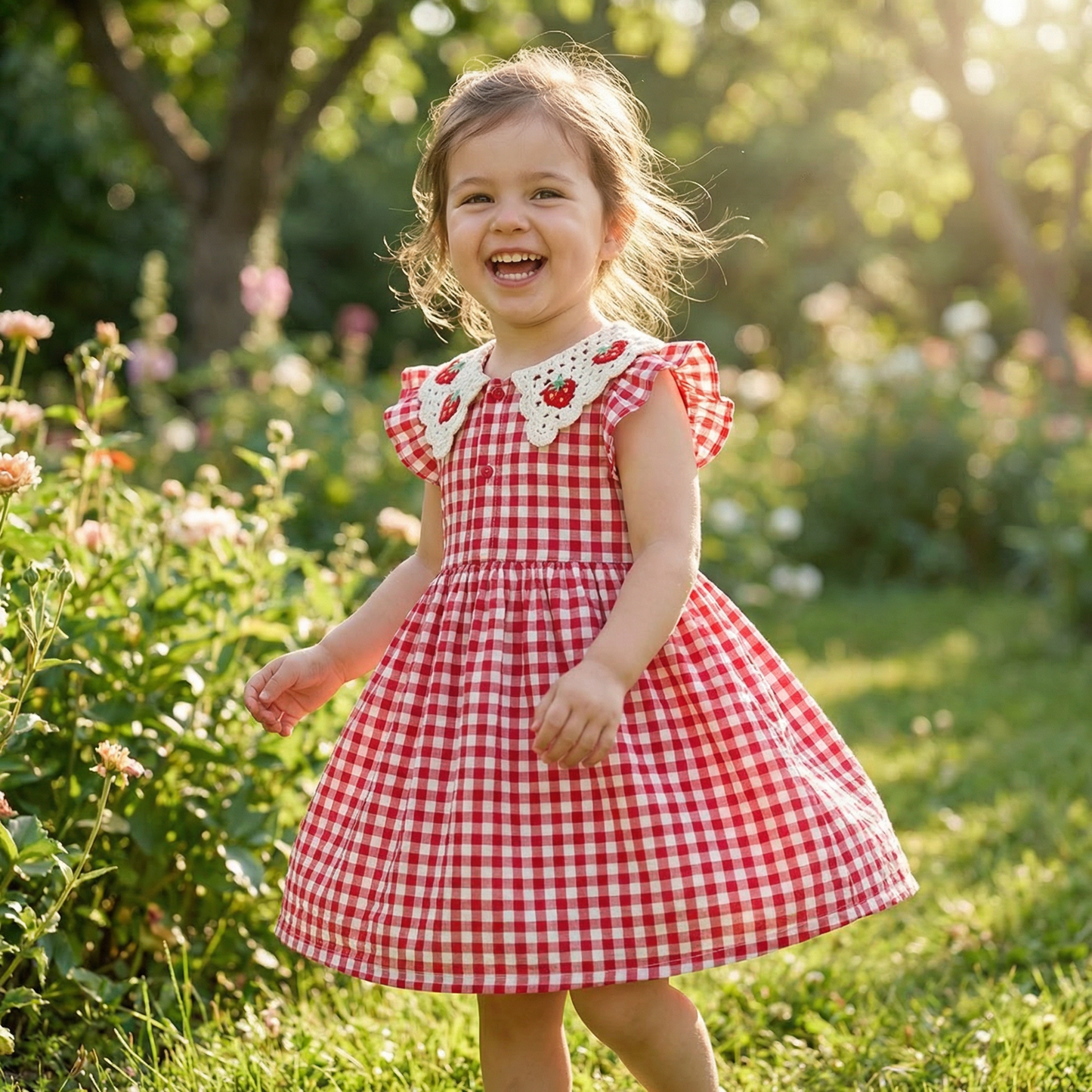 Girls’ Summer Dress with Strawberry Collar – Plaid Cotton Dress