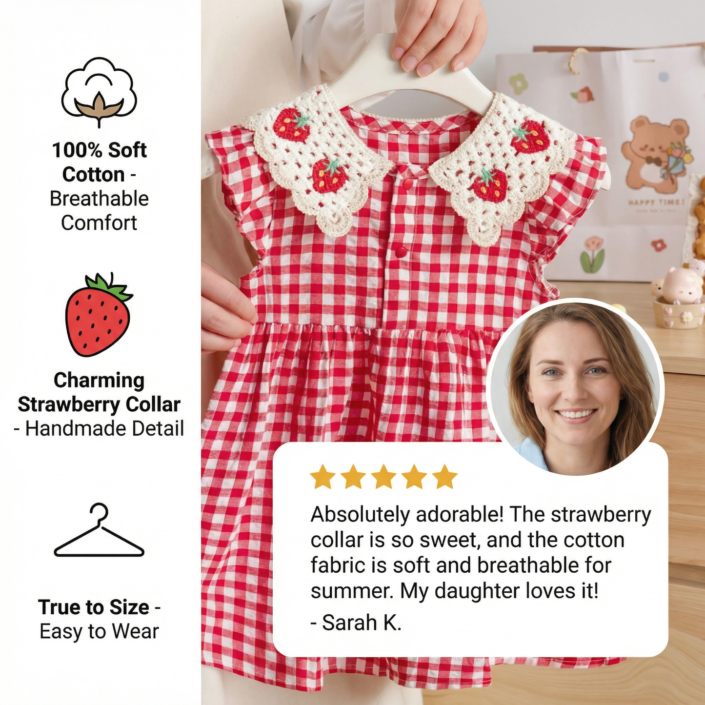 Girls’ Summer Dress with Strawberry Collar – Plaid Cotton Dress