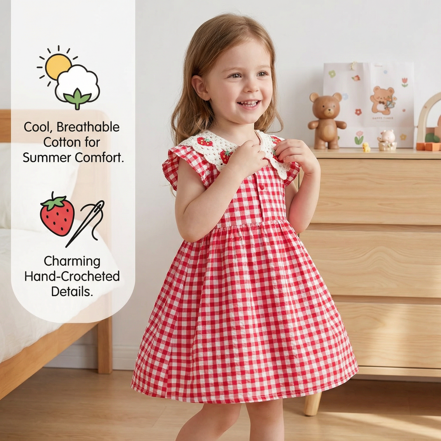 Girls’ Summer Dress with Strawberry Collar – Plaid Cotton Dress
