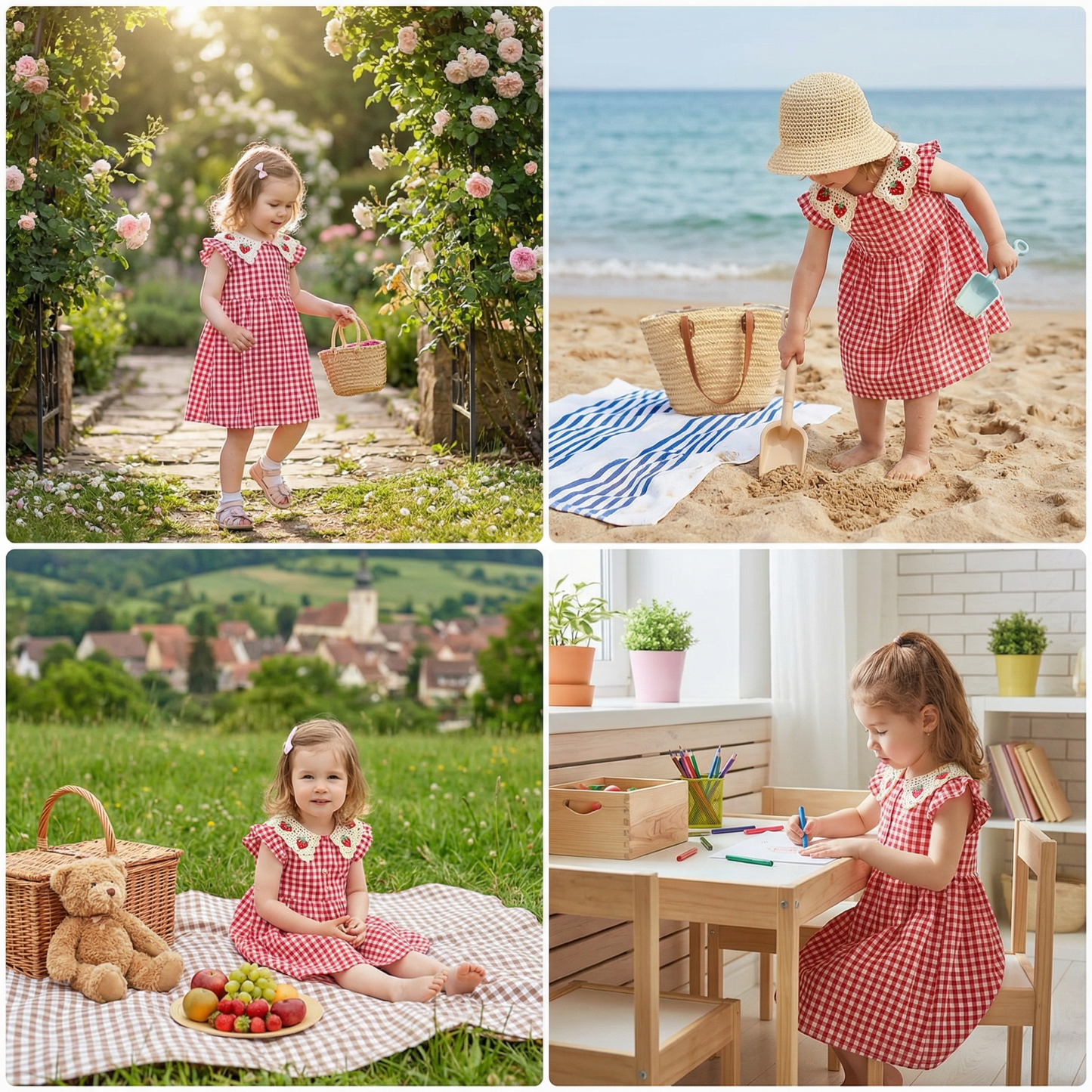 Girls’ Summer Dress with Strawberry Collar – Plaid Cotton Dress