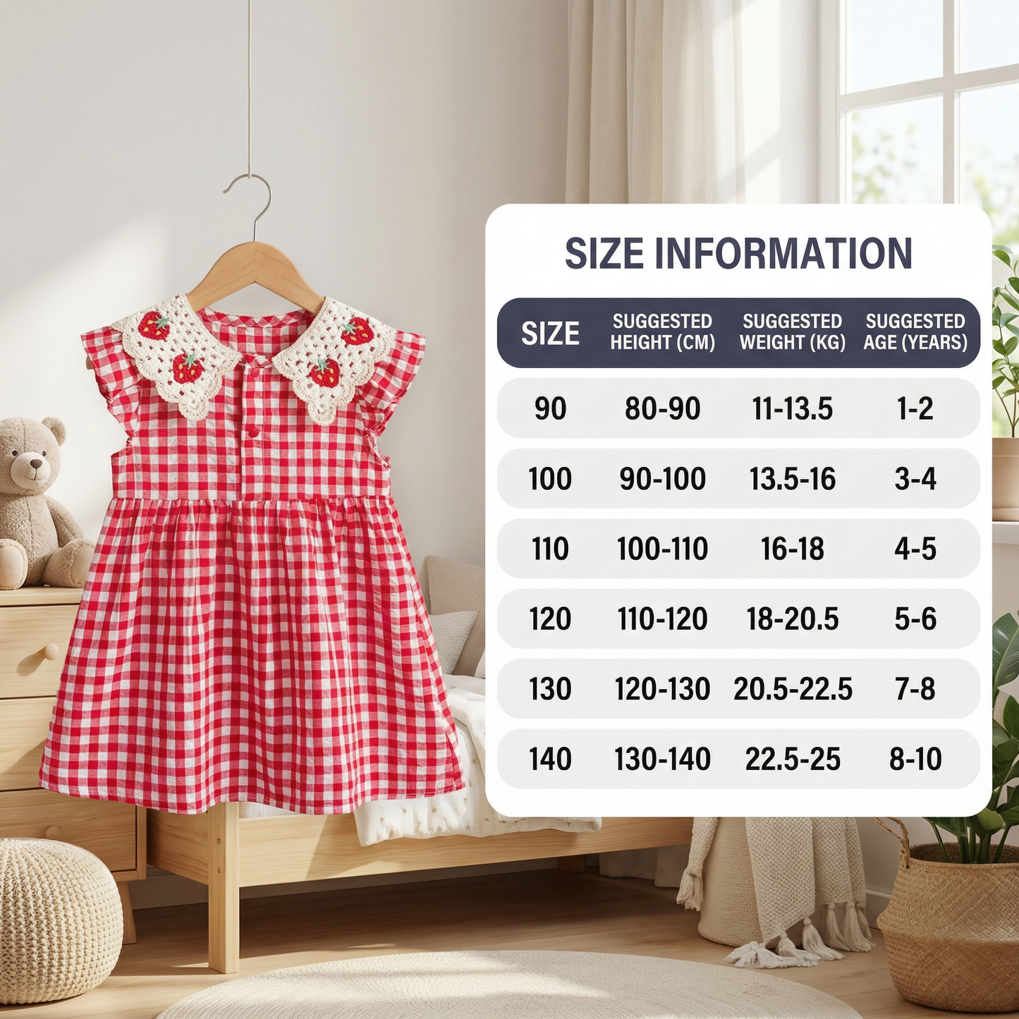 Girls’ Summer Dress with Strawberry Collar – Plaid Cotton Dress
