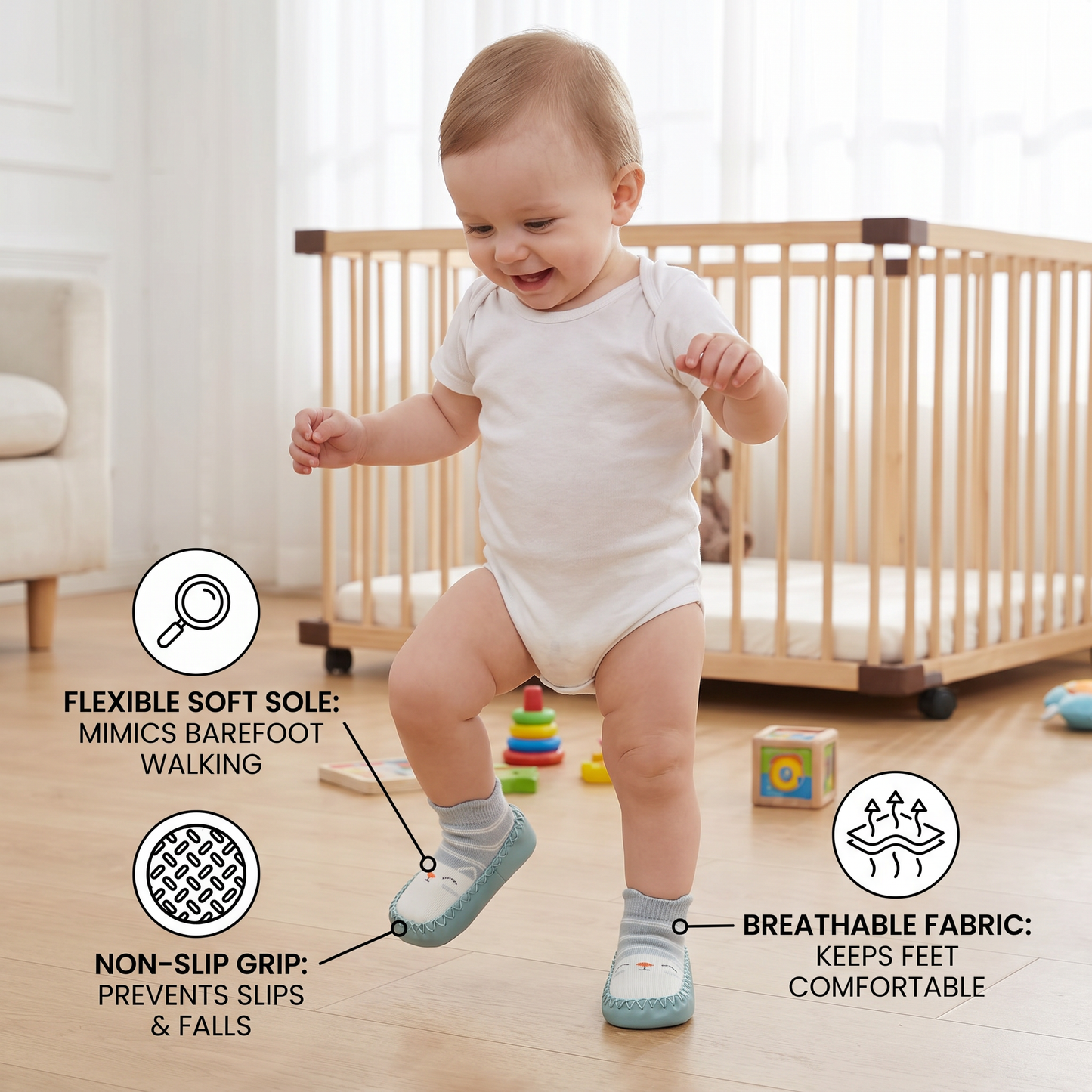 Baby Breathable Sock Shoes – Non-Slip Soft Sole Walking Socks for Infants & Toddlers