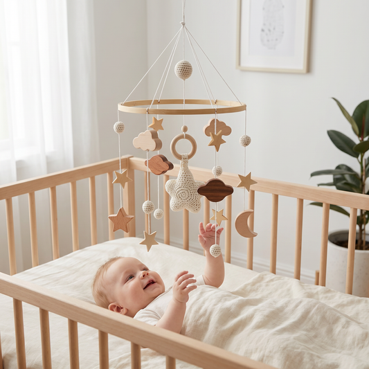 Handmade Wooden Baby Crib Mobile with Crochet Pendants – Soothing Bed Toy for Newborns