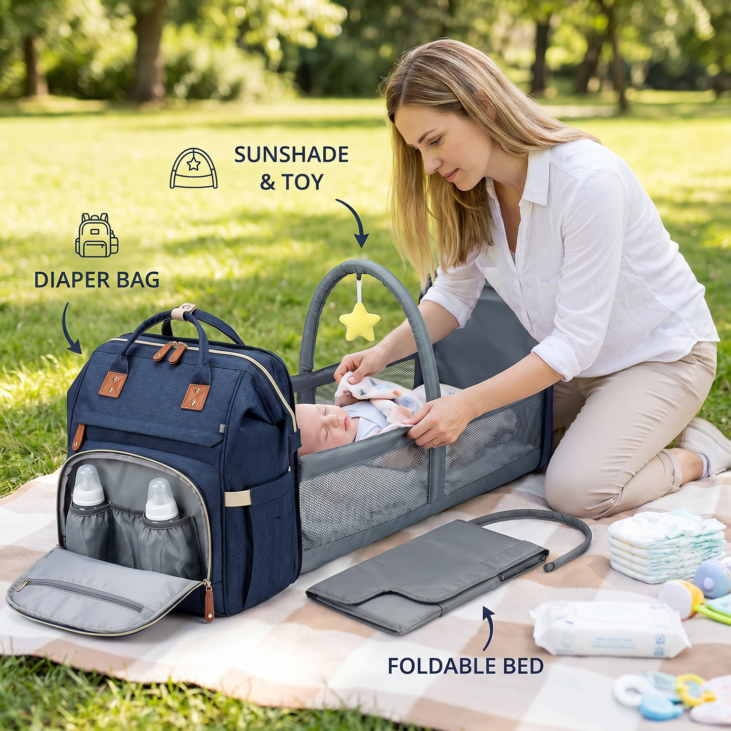 3-in-1 Travel Diaper Backpack with Foldable Baby Bed – Perfect for On-the-Go Parents